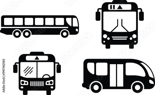 A professional collection of four black vector icons featuring various public transportation vehicles, including city buses and shuttle transit coaches, isolated on white background.