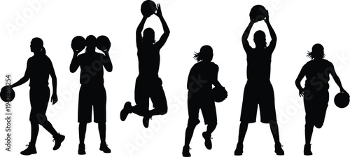 A collection of professional black silhouettes depicting various female basketball players in action poses, including dribbling, shooting, and jumping, isolated on a white background.