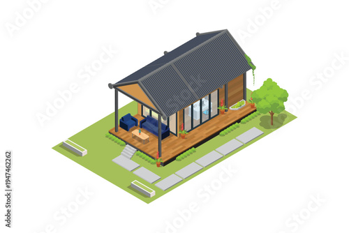 isometric composition with residential house and maintenance of garden mowing lawn care about plants vector illustration