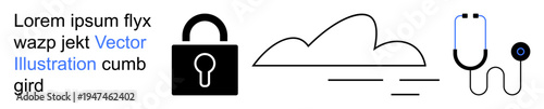 Cybersecurity, cloud storage, medical technology, healthcare data, privacy protection, online safety. Lock, cloud and stethoscope icons in a minimal style. Cybersecurity and cloud storage