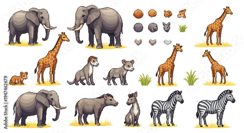 A pixel-art style vector featuring various safari animals such as elephants, giraffes, zebras, and a lion cub, plus abstract animal parts and grass.