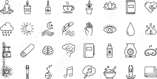 Vector icons set for wellness, yoga, meditation, and healthy lifestyle. Includes symbols for nature, essential oils, mindfulness, relaxation, and sleep.