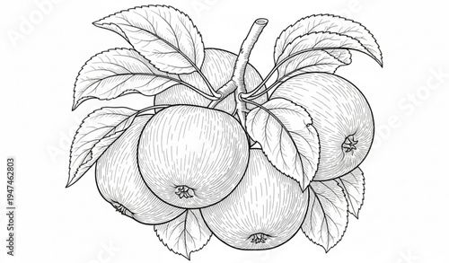 Hand drawn apple tree branch botanical outline illustration isolated on transparent background