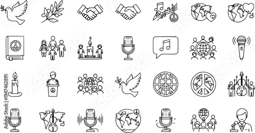 Peace and Global Unity Line Icons Set for Communication and Advocacy. Collection of outline symbols representing peace, world harmony, global cooperation, and public speaking.