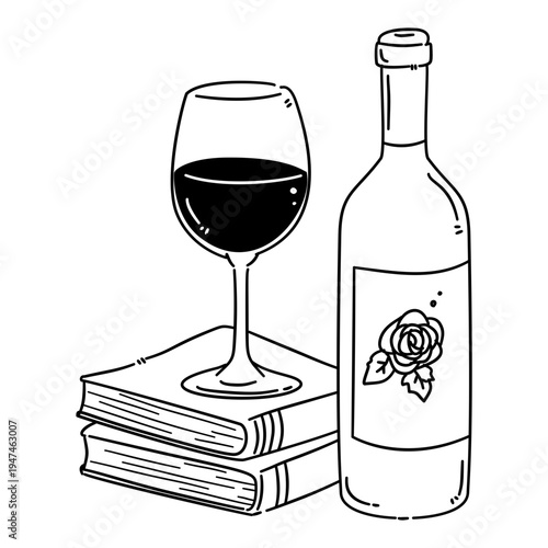 bottle and glass of wine with Stack of books