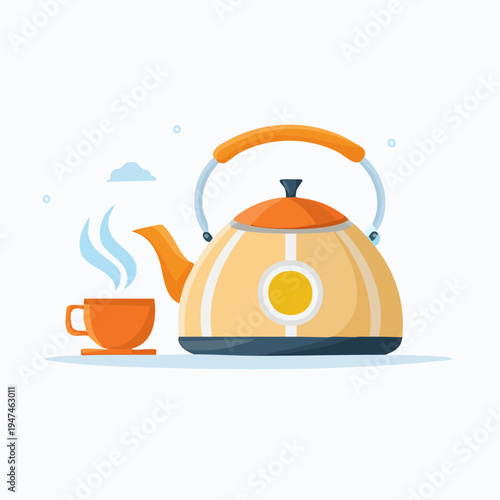 Orange kettle and cup of tea, ready for a warm drink.