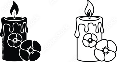 Candle flowers black white Vector