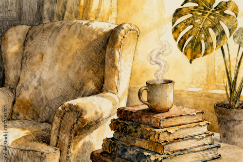 Hygge Lifestyle Art Featuring Books and Coffee in Sunlit Room
