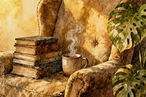 Relaxing Armchair Illustration with Steaming Mug and Monstera Plant