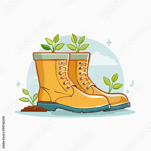 Pair of brown work boots with green plant sprouts growing around them.