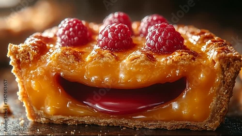 Delicious raspberry tart with a smiling face, set on a rustic wooden table