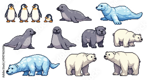 A charming pixel art collection showcasing different arctic animals like penguins, seals, and polar bears in diverse poses.