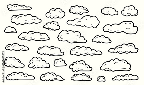 Cartoon clouds in various shapes and sizes for design use. Collection of cartoon-style cloud illustrations in various shapes and sizes, ideal for adding a whimsical touch to designs, backgrounds