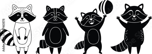 Vector illustration featuring a set of cute raccoons in various playful poses, isolated on a white background, perfect for children's designs and creative projects.