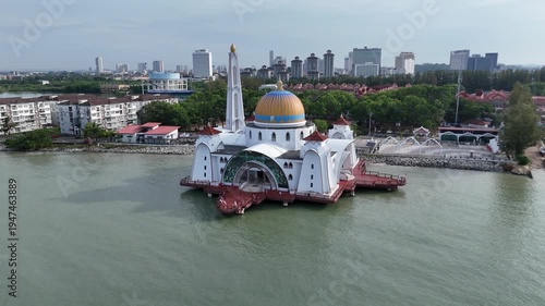 Aerial view of Melaka Straits Mosque. Floating Mosque in Malacca city, Malaysia.