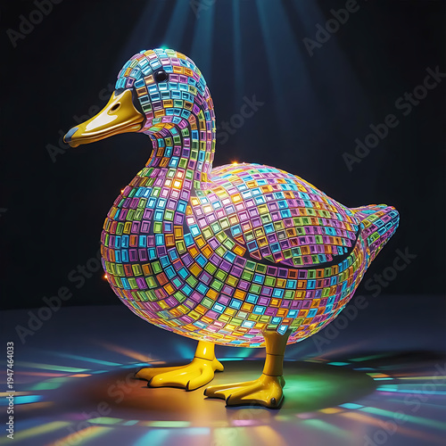 A vibrant mosaic duck sculpture with vibrant lighting.