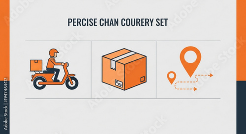 Delivery service icons set with courier on scooter package box and map location for logistics and shipping concepts