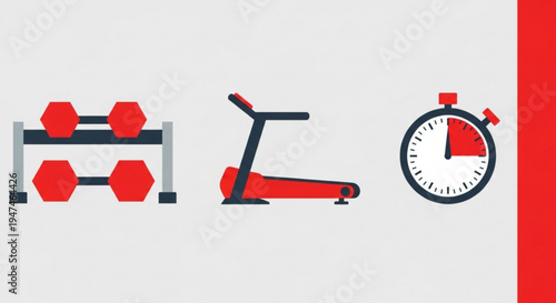Fitness icons including dumbbells treadmill and stopwatch on a gray background with red accents for healthy lifestyle and workout routine