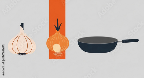 Onions and frying pan for cooking kitchen ingredients and cookware for meal preparation