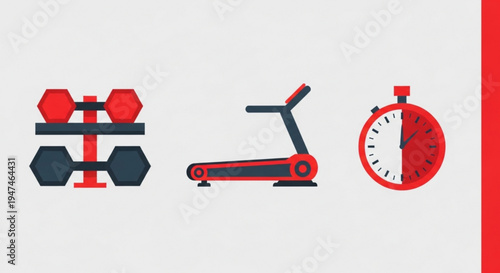 Fitness icons including dumbbells treadmill and stopwatch for workout and exercise concepts