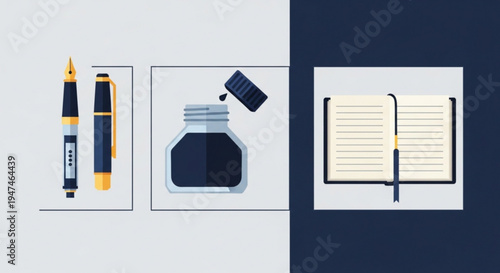 Stationery items including pens ink and notebook on a contrasting background for writing and drawing