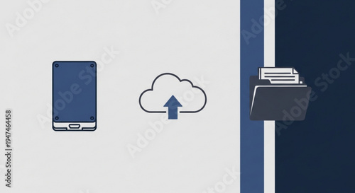 Mobile phone uploading data to cloud storage from a document folder with a blue and white color scheme