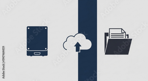 Cloud upload concept with smartphone cloud icon and file folder on gray background illustrating data transfer and storage