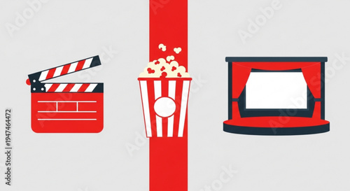 Movie night essentials clapperboard popcorn and cinema screen icons film and entertainment symbols