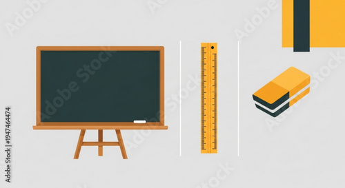 School supplies and blackboard on a gray background education concept with books and ruler