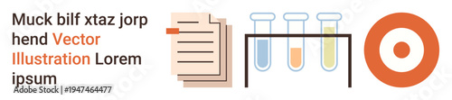 Education, research, data analysis, scientific workflows, study preparation, conceptual learning. Laboratory test tubes, stacked documents and a target icon . Research and education