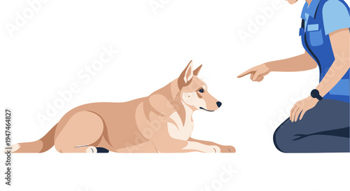 Dog Training Session with Owner and Professional Handler. Vector Illustrations. EPS Editable