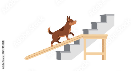 Dog Walking Up Steep Wooden Ramp Over Construction Site. Vector Illustrations. EPS Editable