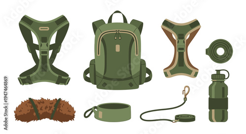 Outdoor Hiking Gear Set Including Backpack Water Bottle and Accessories. Vector Illustrations. EPS Editable