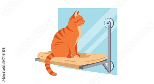 Orange Cat Sitting on Wooden Platform Near Window. Vector Illustrations. EPS Editable