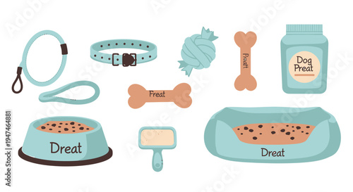 Pet Accessories and Supplies Collection for Dogs and Cats. Vector Illustrations. EPS Editable