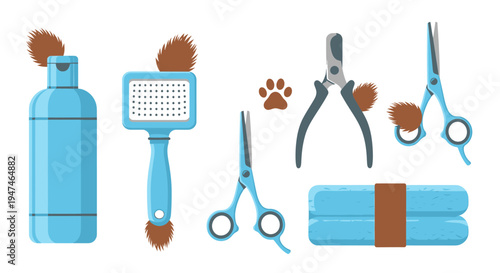 Pet Grooming Tools and Supplies for Dog Care and Maintenance. Vector Illustrations. EPS Editable