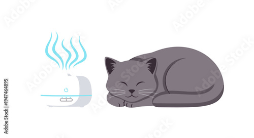 Relaxing Cat Sleeping Near Humidifier in Cozy Room. Vector Illustrations. EPS Editable