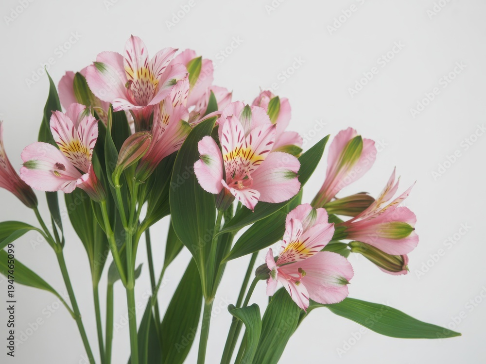 Obraz premium A vibrant bouquet of pink flowers with green leaves in a white vase. isolated on white background
