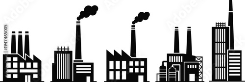 Set of black silhouette icons depicting various industrial factories and manufacturing plants, isolated on a white background for business, energy, and environmental design projects.