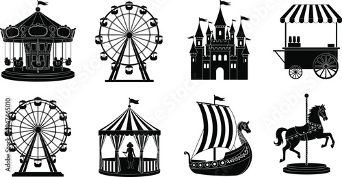 Set of black silhouette icons of amusement park attractions including ferris wheel, merry-go-round, castle, and viking ship, isolated on a white background for design.