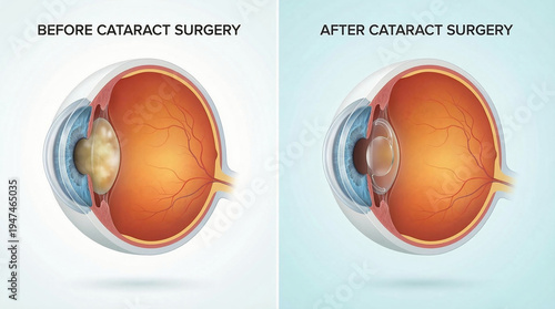 Eye Cataract Surgery Before and After Lens Implant Medical Illustration