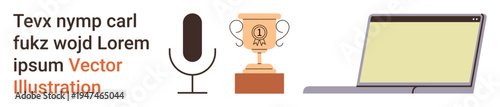Communication, achievement, technology, podcasting, remote work, online awards. Minimalist microphone, trophy and laptop icons. Communication and achievement
