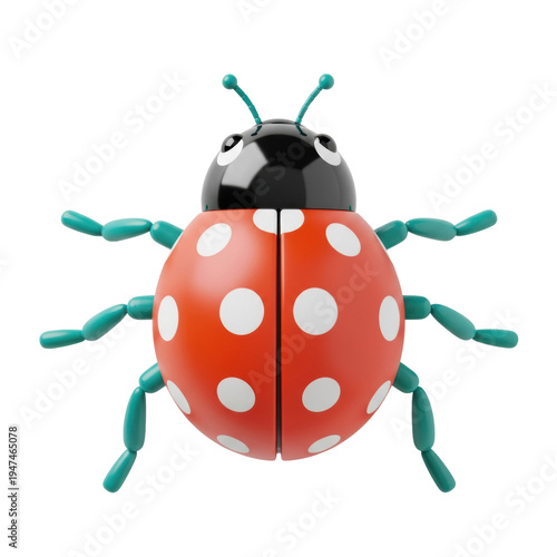 A highly stylized 3d ladybug character model with a smooth matte orange shell, crisp white polka dots, obsidian black head, and vivid teal plastic legs, isolated on a transparent background. Cute toy