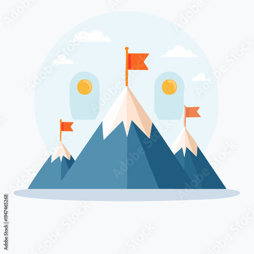 Mountain Peaks with Flags - Achieving Goals and Success.