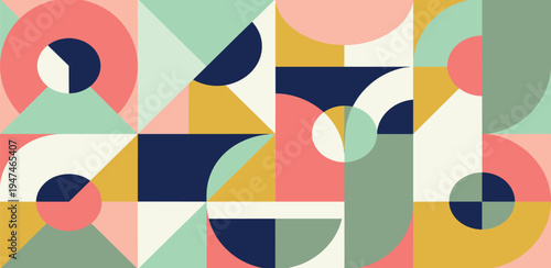 Modern abstract geometric pattern featuring a delightful arrangement of colorful shapes and dynamic forms, creating a contemporary and vibrant background