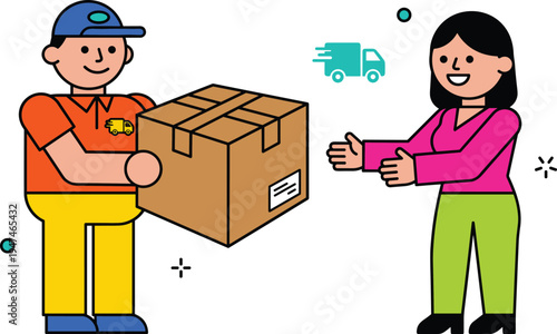 Cheerful courier delivering a brown cardboard package to a happy female customer, illustrating efficient and friendly service for online shopping and doorstep convenience