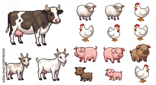 A collection of charming pixel art farm animals, including cows, sheep, chickens, pigs, goats, and a calf, depicted on a white background.