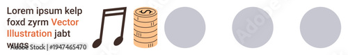 Financial investments, music industry, economic , digital assets, artistic professions, economic growth. Music note and coins alongside placeholder circles. Financial investments and music industry