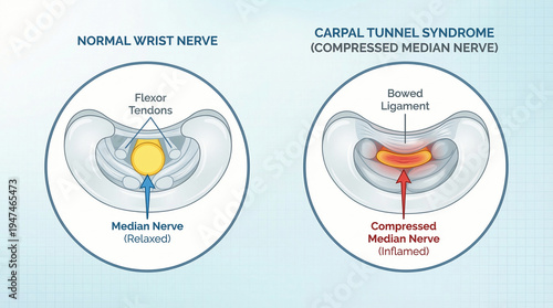 Carpal Tunnel Syndrome and Normal Wrist Nerve Anatomy Illustration
