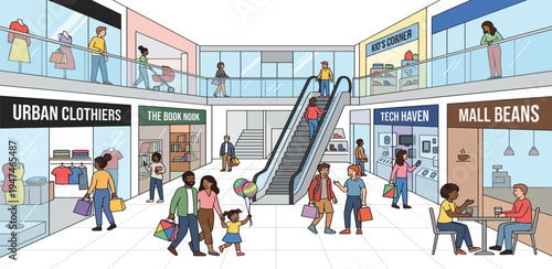 A vibrant indoor shopping mall scene with diverse people enjoying retail therapy and leisure activities